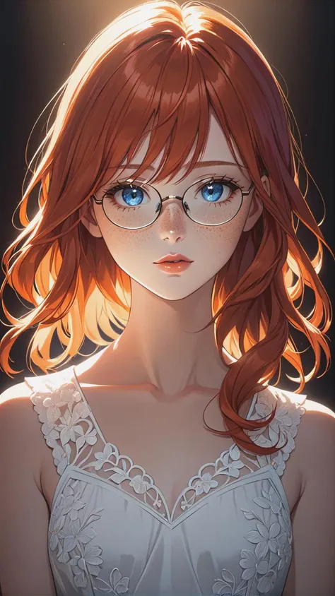 a woman with glasses and a white dress is staring at the camera