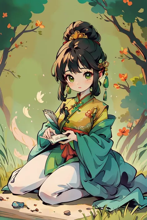 (masterpiece),(best quality), 1girl,chibi, full body,in style of blindbox, ((green Cheongsam)), sitting in a traditional Chinese study,jeweled hairpin adorning, black hair. bookshelves filled with ancient texts and scroll paintings,reading a book with a fo...