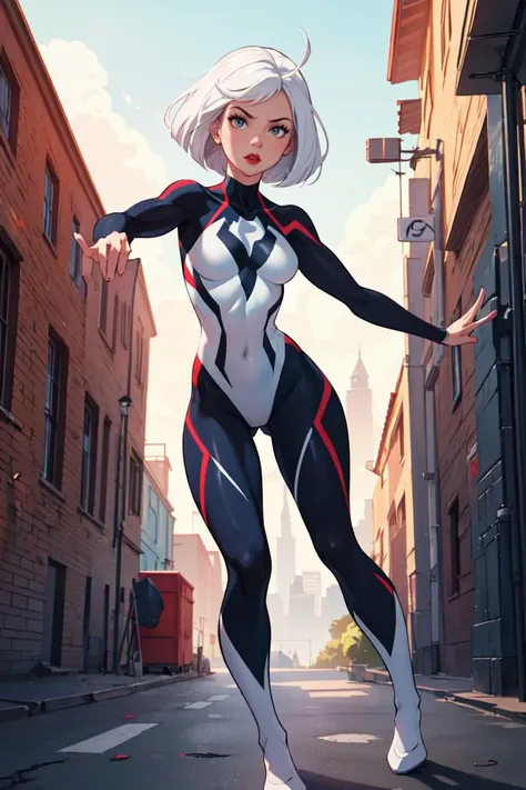 masterpiece,best quality,(1girl, full body),action scene,dynamic pose,spider gwen,white hair,Cute Loose Bob hairstyle,red lips,small breasts,toned,dramatic lighting,scenery,<lora:GoodHands-beta2:1>,