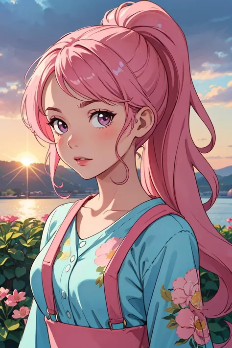 (masterpiece, best quality),1girl,wavy hair,looking at viewer,upper body,suspenders,floral print,ponytail,pink hair,sunlight,scenery,<lora:GoodHands-beta2:1>,