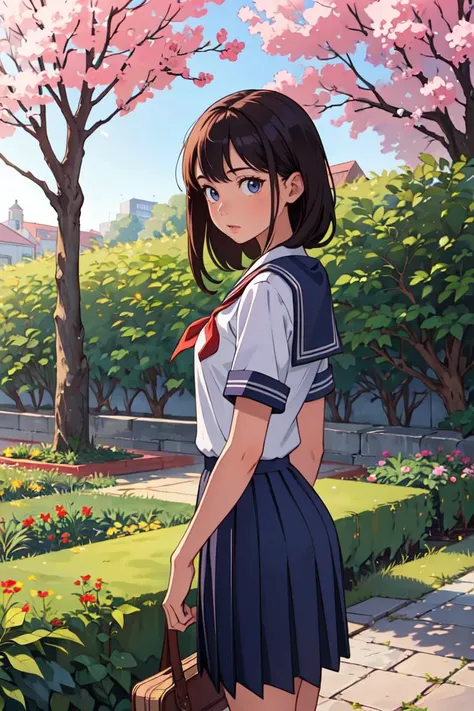 1girl, school yard, garden, school uniform, masterpiece, best quality, highly detailed,scenery,<lora:GoodHands-beta2:1>,