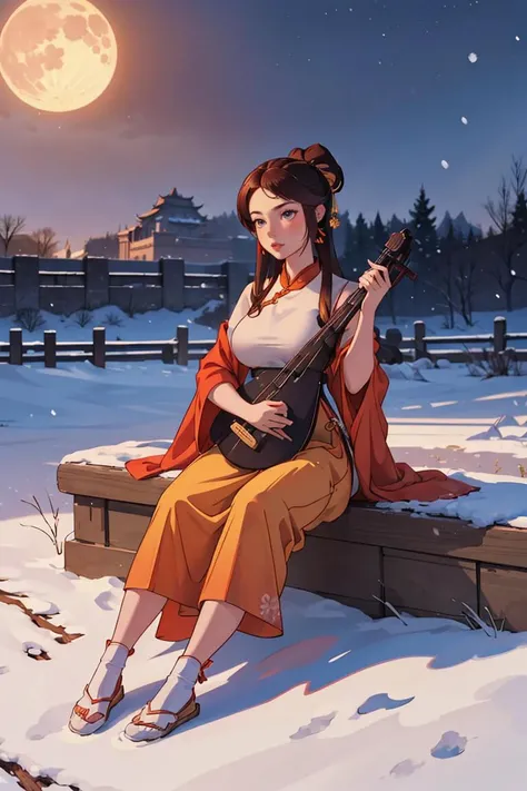 1girl, (playing_pipa, holding pipa), big breasts, moon,golden hair, Ancient Chinese fortresses background, city walls, desert, snow, outdoors, realistic, masterpiece, best quality, 8k, photorealistic, close up, sitting, <lora:pipa_v1a:0.75>