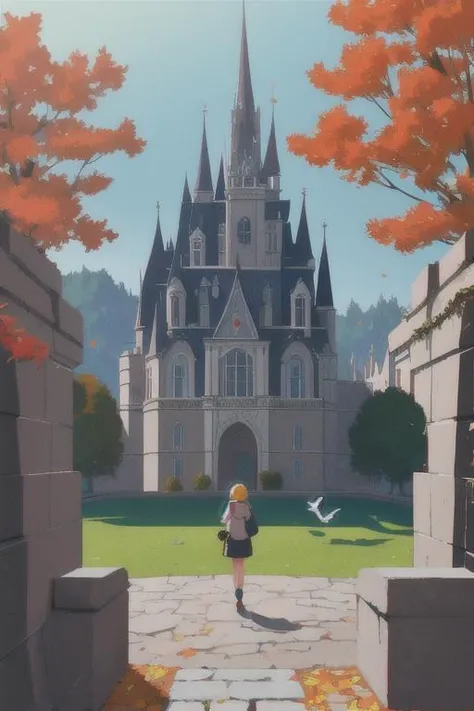 1girl, on balcony, looking at viewer, a castle in the distance, bird eyes view, autumn, architecture, birds, people, scenery, towers, trees, sunny, day, far away view, Direct light, Selective focus, ((illustration)), perfect details, light particles, chrom...