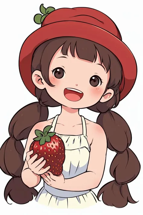 chibi avatar, 1girl, solo, long hair, smile, open mouth, bangs, simple background, brown hair, hat, white background, holding, twintails, upper body, braid, food, teeth, chibi, black eyes, twin braids, fruit, upper teeth only, red headwear, cropped torso, ...