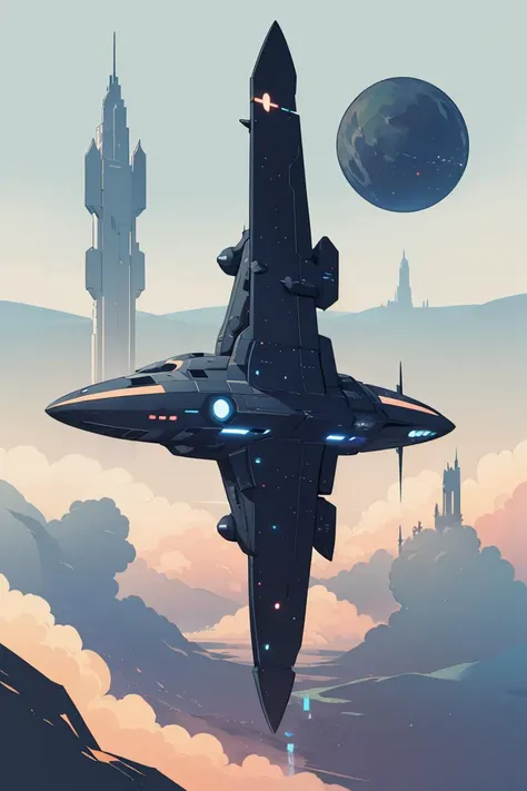 a space ship flying over a planet with a sky background , minimalist_sci-fi_dystopia, <lora:minimalist_sci-fi_dystopia:0.7>