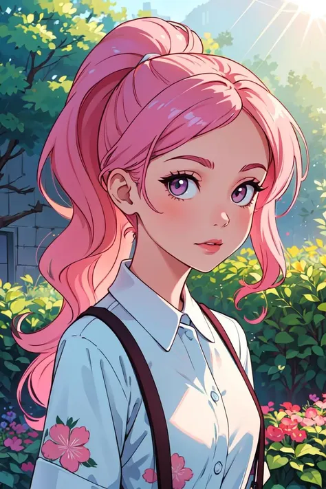 a girl with pink hair and a white shirt is standing in a garden