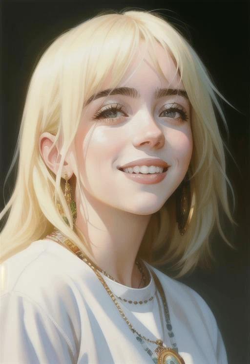 (portrait:1.1) photo of the most beautiful artwork in the world featuring (face of BiL13L1SH:1.1), smiling, heart professional majestic oil painting by Ed Blinkey, Atey Ghailan, Studio Ghibli, by Jeremy Mann, Greg Manchess, Antonio Moro, trending on ArtSta...