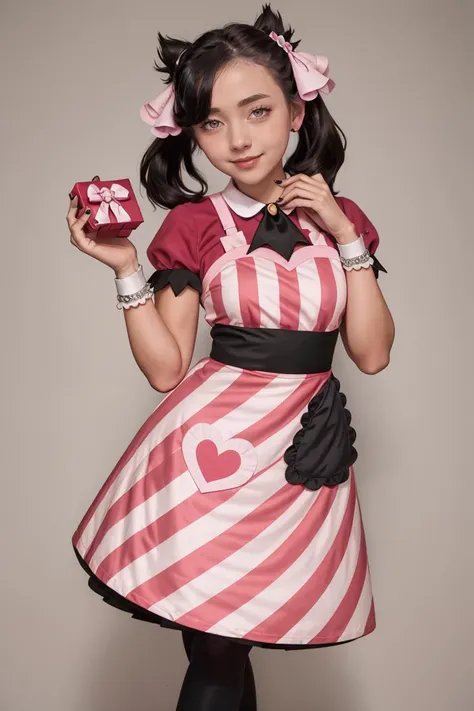 a woman in a pink and white dress holding a red and white heart shaped box