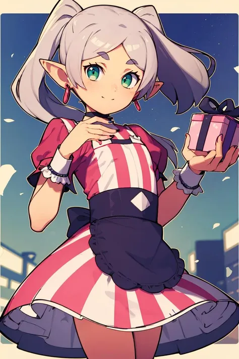 a cartoon girl in a dress holding a present in her hand