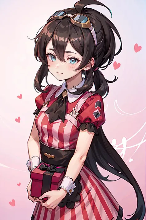 <lora:Palentines_2022:0.5>  pink dress, pokemon, pokemon masters ex, red shirt, shirt, short sleeves, waist apron, wrist cuffs, gift, gift box, full-face blush, pink background, heart background, hearts, holding gift, happy valentine, valentine, (goggles o...