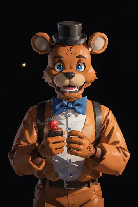 freddy fazbear,open mouth,blue eyes,furry,mini hat,animal ears,bowtie,<lora:FreddyFazbear1:0.5>, mutedart, octane render,4k, detailed, hyperrealism,4k, daz, bokeh, face enhance, furry, fly in the wild, strawberry, silk :0.8