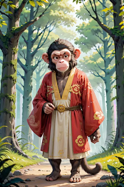 a close up of a monkey in a red robe standing in a forest