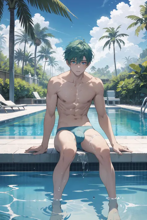 masterpiece, best quality, illustration, volumetric lighting, symmetry, 1boy, full body, looking at viewer, sitting in pool, blue eyes, green hair, short hair, topless, bulge, white swim briefs, translucent briefs, wet body, water drops, pool, outside, res...