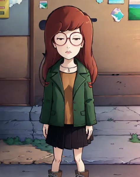 a cartoon girl with glasses standing in front of a building