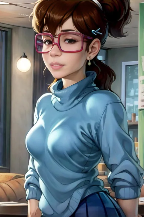 a cartoon girl with glasses and a blue shirt is standing in a room