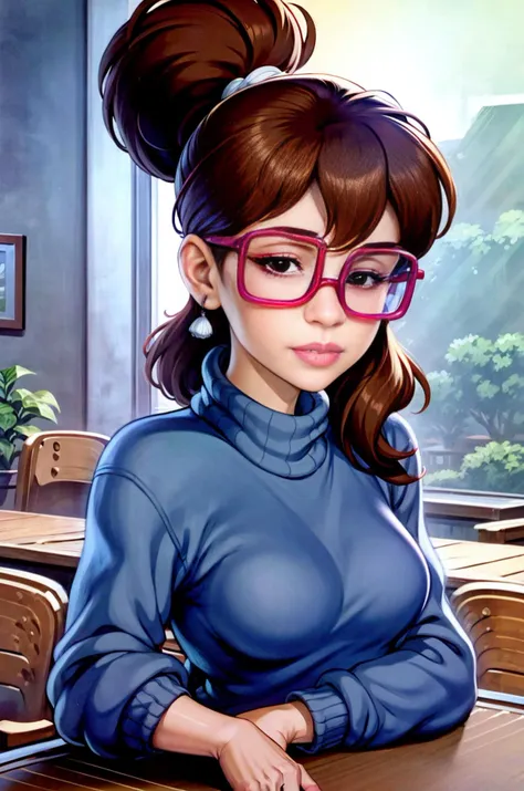 a cartoon girl with glasses sitting at a desk in a classroom