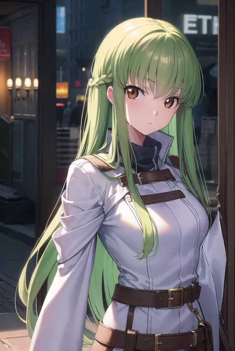 codegeasscc, <lyco:codegeasscc-lyco-nochekaiser:1>, 
cc, (brown eyes:1.5), green hair, long hair, straight hair,
BREAK straitjacket, (white straitjacket:1.5), wide sleeves, belt, black belt,
BREAK outdoors, city,
BREAK looking at viewer, (cowboy shot:1.5),...