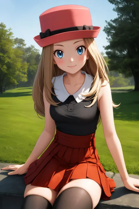 pkmnserena, 1girl, solo, blue eyes, blonde hair, long hair, low-tied long hair, hat, pink headwear,
black shirt, collared shirt, sleeveless, red skirt, high-waist skirt, pleated skirt, black thighhighs,
smile,closed mouth,cowboy shot,sitting,
forest,outdoo...