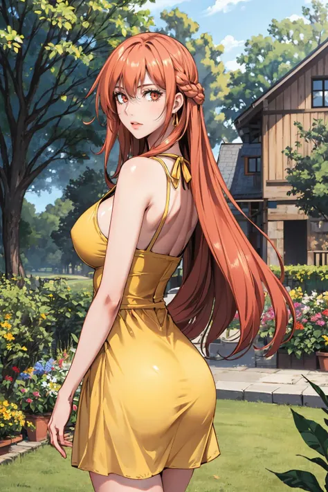 masterpiece, best quality, 1girl, solo  <lora:jishuka-nvwls-v1-000008:0.8> jishuka, hair between eyes, large breasts, (yellow sundress:1.4), garden, from behind, looking at viewer