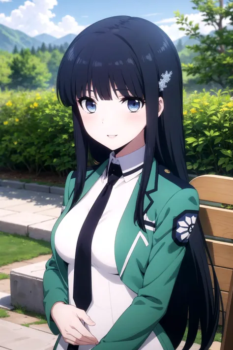 anime girl with long black hair and green jacket sitting on a bench