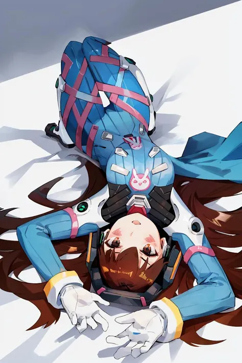 1girl,<lora:upside-down_v0.2:0.8>,upside-down,<lora:d.va_v1:0.9>,aahana,long hair,brown hair,headphones,whisker markings,shoulder pads,blue bodysuit,ribbed bodysuit,animal print,clothes writing,long sleeves,white gloves,