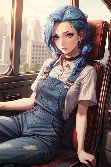 <lora:GoodHands-vanilla:1> ,   <lora:add_detail:1>, ((masterpiece)), (best quality:1.7), <lora:Arcane_jinx-v4:0.8> Jinx, blue hair, blue eyes, white button-up shirt with a collar, black short sleeves, and overalls