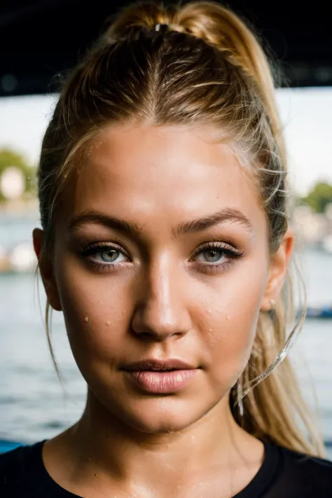 RAW, real photo portrait, ghd, on a boat, (wearing a wet black t-shirt), pretty face, insanely detailed eyes, light blonde hair, high ponytail, bokeh, natural light, depth of field, golden hour, sharp focus,<lora:GigiHadid-RealVision-V1.0:1>