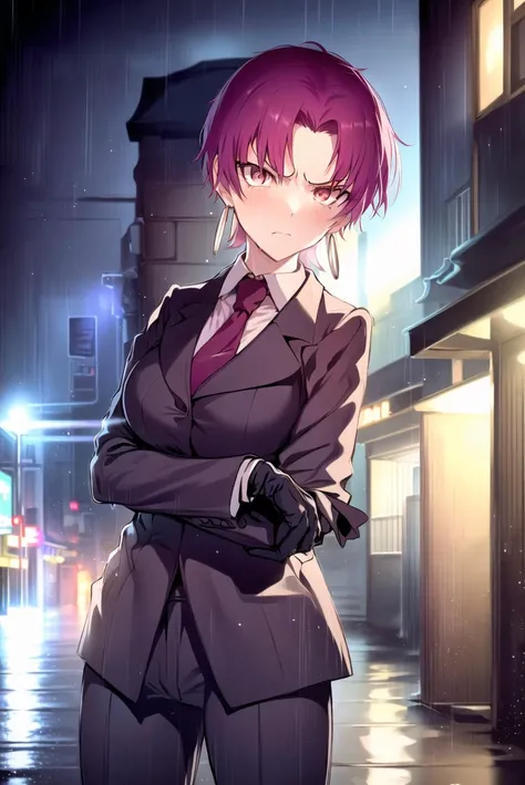 (masterpiece, best quality, detailed), 1girl,
alley, city, night, stairs, rain, looking at viewer, 
<lora:BazettV2:0.75>, bazett fraga mcremitz, pant suit, formal, suit,gloves, serious, glaring, earrings, clenched hand