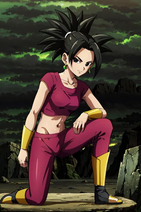 masterpiece, kefladb, 1girl, solo, breasts, looking at viewer, red crop top, slim, one foot raised, from side, black hair, navel, potara earrings, closed mouth, standing, collarbone, full body, red tight pants, boots, midriff, tight pants, black eyes, crop...