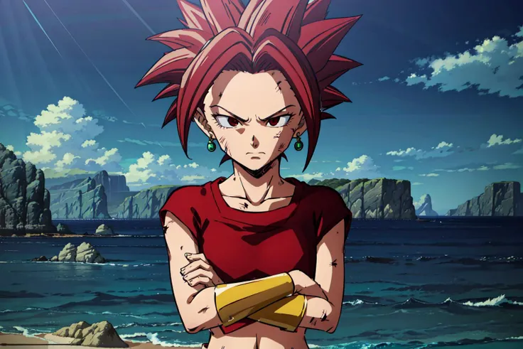 masterpiece, 
kefladb, solo, looking at viewer, red crop top, red eyes, 1girl, red eyebrows, squinting, potara earrings, closed mouth, upper body, female focus, red hair, red tight pants, outdoors, sky, day, midriff, cloud, blue sky, crop top, ocean, cross...