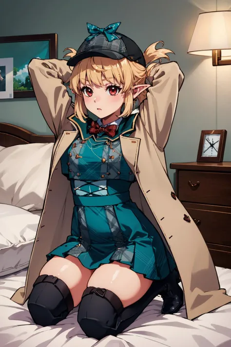 masterpiece, best quality,  <lora:sppomuRainpuff-10:1> pomu4st, deerstalker, red bow, coat, green dress, black boots, seiza, arms behind head, bedroom