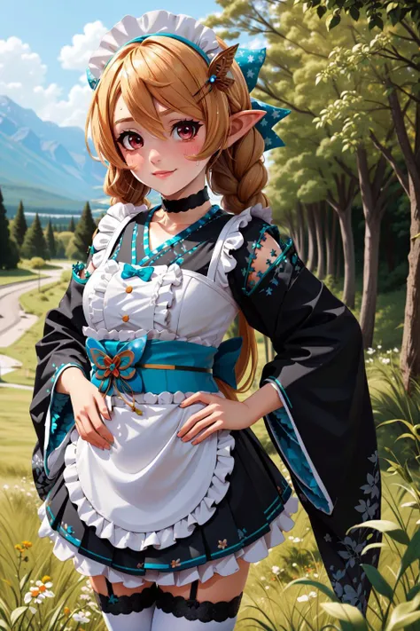 a woman in a maid outfit standing in a field of grass