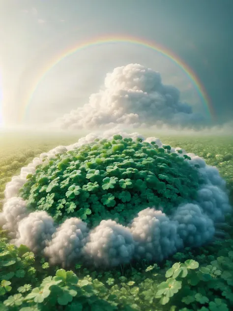 a close up of a field with a rainbow in the sky