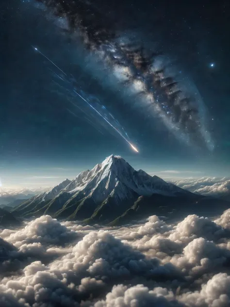 a view of a mountain with a shooting star in the sky