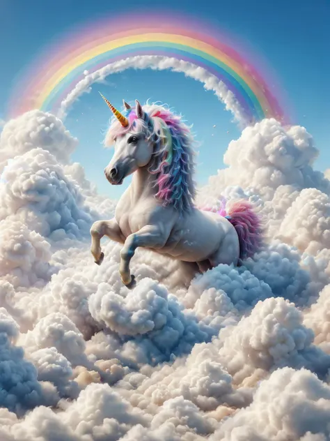 unicorn in the clouds with a rainbow in the sky