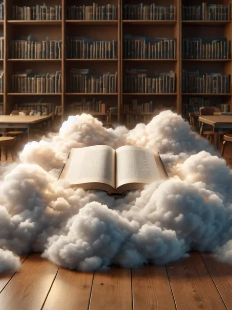 there is a book that is sitting on a cloud of books