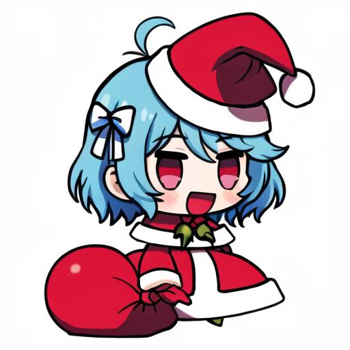 masterpiece, best quality, <lora:padoru_meme:1>, padoru meme, holding sack, chibi, :d, hat, red santa costume, <lora:Hana768V1_5:0.7>, hanagt, 1girl, short hair, blue hair, swept bangs, antenna hair, hair ribbon, striped ribbon, pink eyes, bright pupils