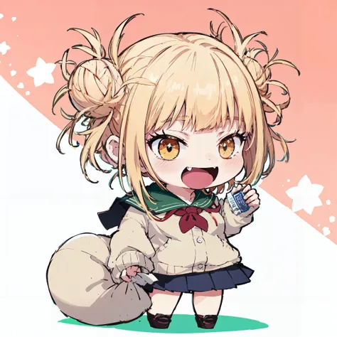 anime girl with blonde hair and a cat tail holding a cell phone