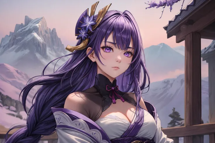 raiden shogun, adult woman strict and serious, long hair, braided ponytail,purple eyes,purple hair,hair ornaments, (masterpiece:1.4, best quality), medium breasts,(intricate details),unity 8k wallpaper, ultra detailed,(pastel colors:1.3),beautiful and aest...