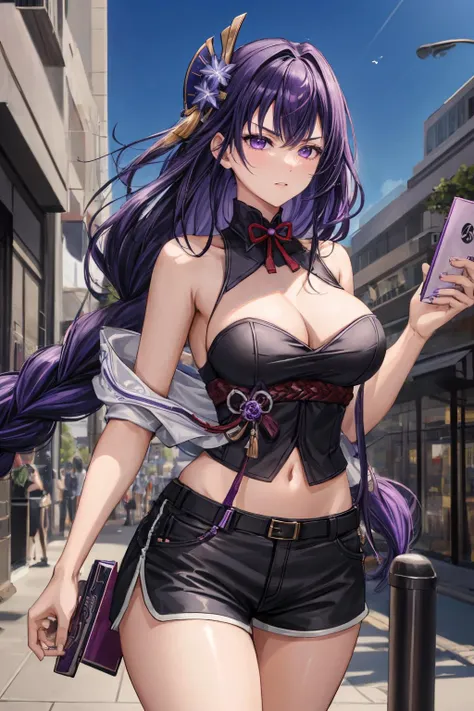 raiden shogun, adult woman strict and serious, long hair, braided ponytail, purple eyes, purple hair, Beverly Hills fashion street walk, shorts, tube top, <lora:add_detail:0.7> <lora:raiden_shogun_off-1:0.7>