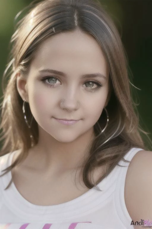 a close up of a woman with long hair wearing a white tank top