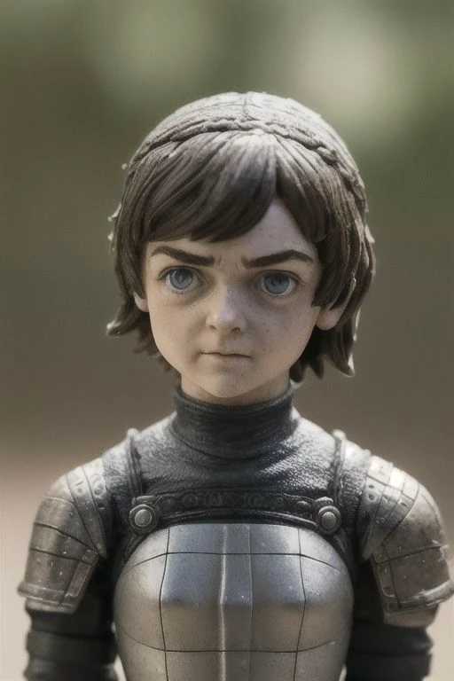 Award-winning photograph of a cute, miniature, smooth, glossy toy plastic model of Maisie Williams as Arya Stark. The focus is on the head and upper torso, capturing the adorable imperfections like scratches, dirt, and fingerprints. The tilt-shift macro ph...