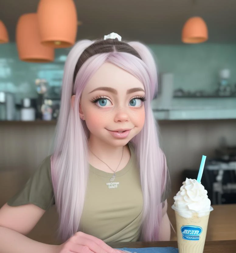 a close up of a person sitting at a table with a cup of ice cream