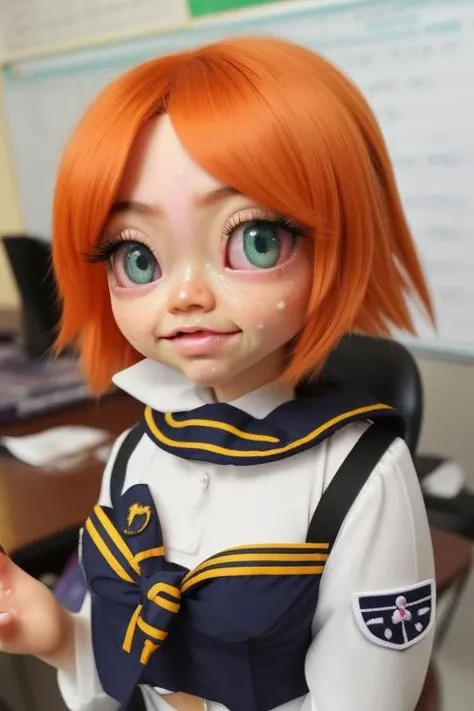 a close up of a doll with a red hair and a sailor outfit