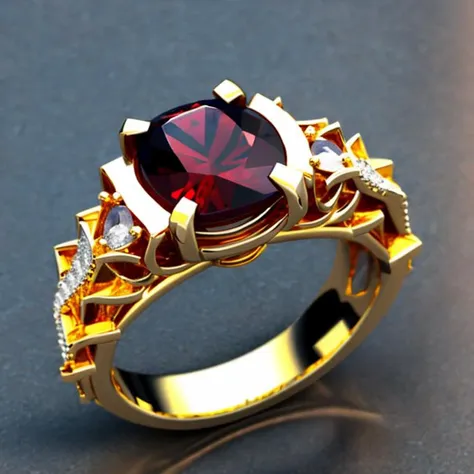 a close up of a ring with a red stone surrounded by diamonds