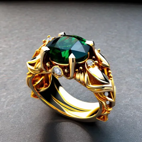 a close up of a ring with a green stone surrounded by diamonds