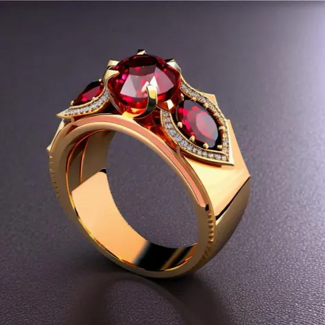 a close up of a ring with a red stone and diamonds