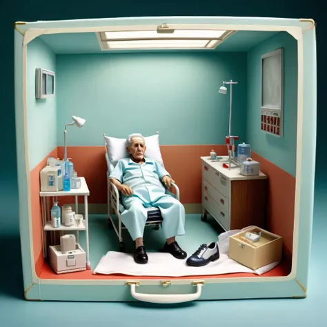 Diorama of a sick elderly person in a hospital room, in a shoebox, surreal, high resolution, beautiful, highest quality, masterpiece, highly detailed <lora:Diorama:1>