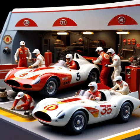 Diorama of a race car pit crew, speed racer, mach 5 car, intricate details, surreal, high resolution, beautiful, highest quality, masterpiece, highly detailed <lora:Diorama:1>