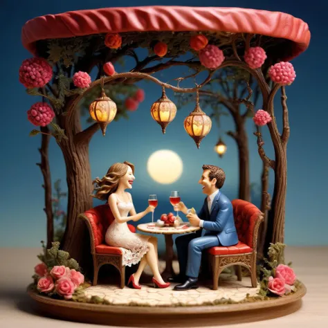 Diorama of a romantic date, man and woman laughing, intricate details, surreal, high resolution, beautiful, highest quality, masterpiece, highly detailed <lora:Diorama:1>